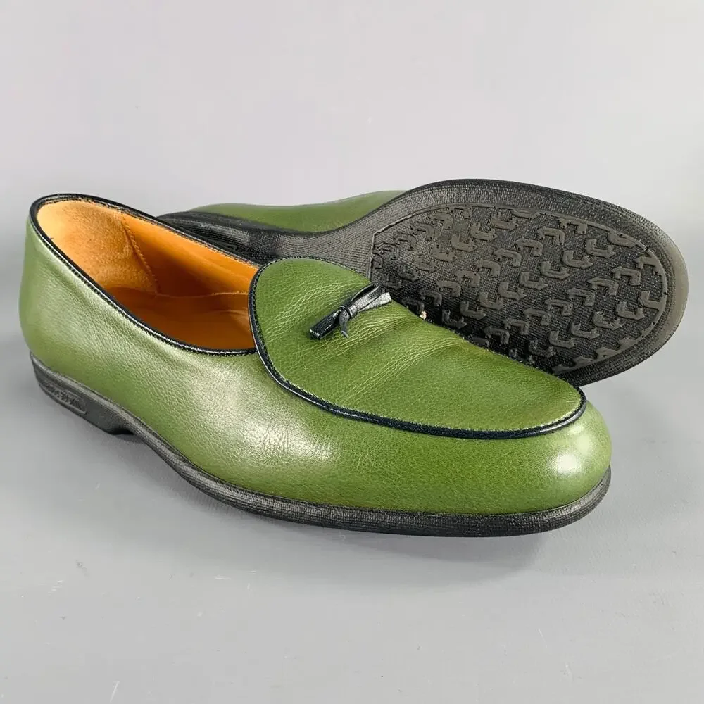 A.TESTONI Size 8 Green Black Contrast Stitch Leather Slip On Loafers